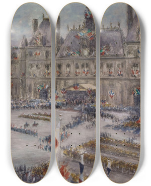 Triptych art skateboard deck of Louisgilbert Bellan La Place De Lhtel De Ville Le 13 Juillet 1919 by Louis-Gilbert Bellan (1868-1935)