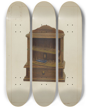 Triptych art skateboard deck of Edward L Loper Walnut Spool Cabinet by Edward L Loper (1916-2011)