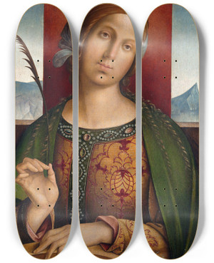 Triptych art skateboard deck of Francesco Zaganelli Di Bosio Saint Catherine Of Alexandria by Francesco Zaganelli Di Bosio (1470-1532)