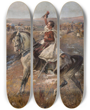 Triptych art skateboard deck of Jan Styka Portrait Of Petfi On Horseback With A Line Of Carts In The Background by Jan Styka (1858-1925)