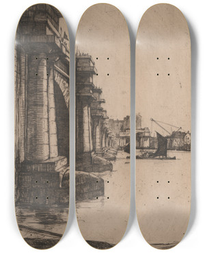 Triptych art skateboard deck of David Young Cameron Waterloo Bridge No 2 by David Young Cameron (1865-1945)