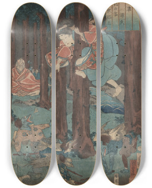 Triptych art skateboard deck of Utagawa Kuniyoshi Hana Noen Shana by Utagawa Kuniyoshi (1797-1861)