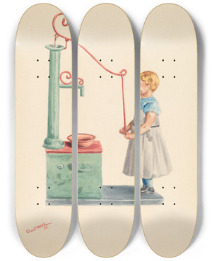 Triptych art skateboard deck of Charles Moss Toy Bank Dutch Girl At Well by Charles Moss