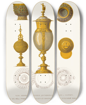 Triptych art skateboard deck of Fedor Grigoryevich Solntsev Chasha Iashmovaia Ukrashennaia Dragotsennymi Kamniami I Zolotom Kubok Opravlennyi Serebrom Kubok Serebrianyi Pozolochennyi by Fedor Grigoryevich Solntsev (1801-1892)