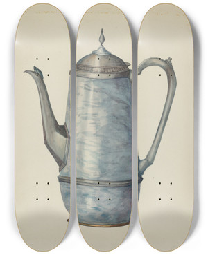 Triptych art skateboard deck of Beulah Bradleigh Pewter Coffee Pot_2 by Beulah Bradleigh