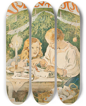 Triptych art skateboard deck of Venny Soldanbrofeldt Mother And Son Antti Wrapping Christmas Gifts by Venny Soldan-Brofeldt (1863-1945)
