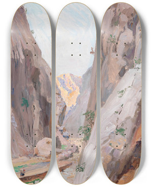Triptych art skateboard deck of Menci Clement Crni View Of The Mountains Near Zadar by Menci Clement Crncic (1865-1930)