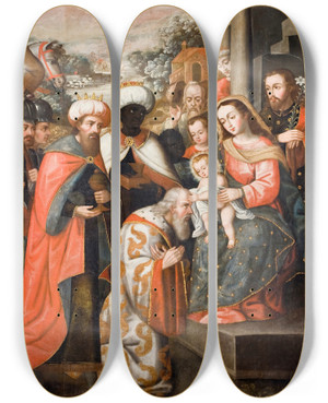 Triptych art skateboard deck of Cusco School Adoration Of The Magi by Cusco School