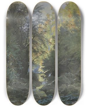 Triptych art skateboard deck of Francoislouis Franais A Stream Through A Dense Forest by Francois Louis Francais (1814-1897)