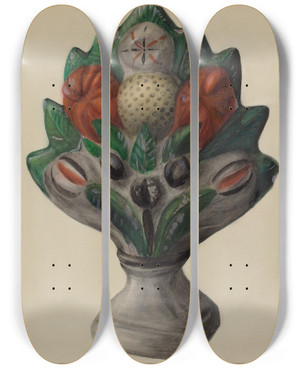 Triptych art skateboard deck of Mina Lowry Pa German Chalkware Mantel Stop_1 by Mina Lowry (1894-1942)