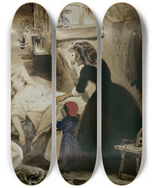 Triptych art skateboard deck of Antoine Johannot The Fair Sleeper by Antoine Johannot (1803-1852)
