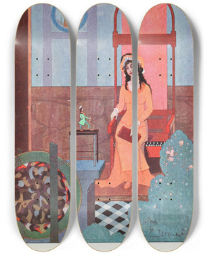 Triptych art skateboard deck of Jean De Bosschre Glumdalclitch by Jean de Bosschre (1878-1953)