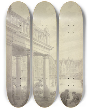 Triptych art skateboard deck of Job Adriaensz Berckheyde The Market Of Haarlem by Job Adriaensz Berckheyde (1630-1693)