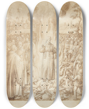 Triptych art skateboard deck of Jan Van Der Straet S Giovanni Alberti Fiorentinos Historie Abbed Petrus Beviser Ved Ildprven At Bispen Af Firenze Er Ktter Og Simonist by Jan van der Straet (1523-1605)