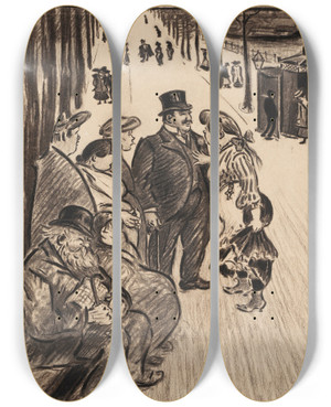 Triptych art skateboard deck of Heinrich Zille Frhling Am Kanal by Heinrich Zille (1858-1929)