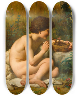 Triptych art skateboard deck of Flix Auguste Clment Le Dnicheur Doiseaux by Felix Auguste Clement (1826-1888)