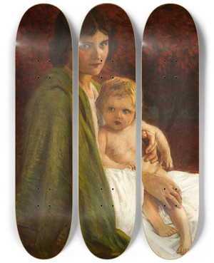 Triptych art skateboard deck of Walter Firle Mutter Mit Kind by Walter Firle (1859-1929)
