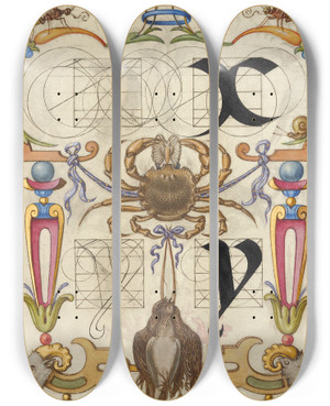 Triptych art skateboard deck of Joris Hoefnagel Guide For Constructing The Letters X And Y by Joris Hoefnagel (1542-1600)