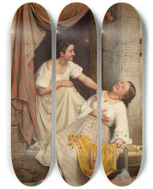 Triptych art skateboard deck of Carl Bloch To Leende Piger Two Smiling Girls by Carl Bloch (1834-1890)