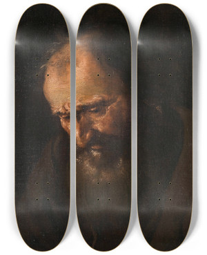 Triptych art skateboard deck of Francesco Fracanzano Head Of A Bearded Man by Francesco Fracanzano (1612-1656)