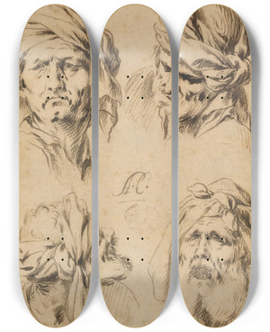 Triptych art skateboard deck of Antonio Del Castillo Y Saavedra Studies Of Four Male Heads by Antonio Del Castillo Y Saavedra (1616-1668)