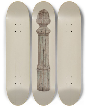 Triptych art skateboard deck of Rose Campbellgerke Carved Wooden Hitching Post by Rose Campbell Gerke (1882)