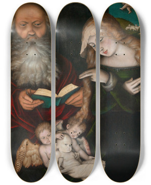 Triptych art skateboard deck of Hans Baldung Geburt Christi by Hans Baldung (1484-1545)