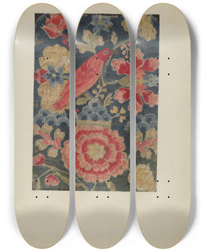 Triptych art skateboard deck of Phyllis Dorr Crewel Embroidered Panel by Phyllis Dorr