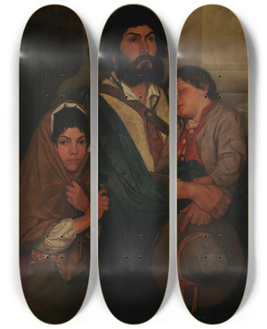 Triptych art skateboard deck of Severin Falkman A Father With His Two Childen From Subiaco by Severin Falkman (1831-1889)