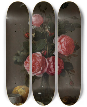 Triptych art skateboard deck of Cornelis De Heem Floral Still Life by Cornelis de Heem (1631-1695)