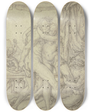 Triptych art skateboard deck of Heinrich Aldegrever Herkules Verhindert Die Entfhrung Der Hippodamia by Heinrich Aldegrever (1502-1555)
