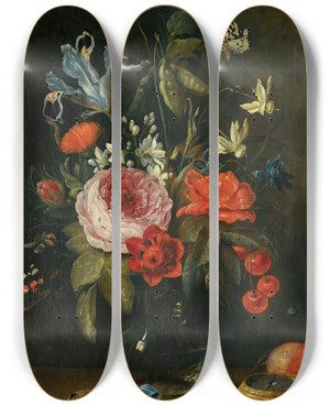 Triptych art skateboard deck of Jan Van Kessel The Elder Still Life With Flowers In A Glass Vase by Jan Van Kessel The Elder (1626-1679)