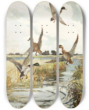 Triptych art skateboard deck of Frank Weston Benson  Rising Mallard by Frank Weston Benson (1862-1951)