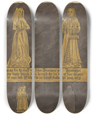 Triptych art skateboard deck of Daniel Lysons Brass Plate For John And Tomasina Goodyere From Teddington Church by Daniel Lysons (1762-1834)