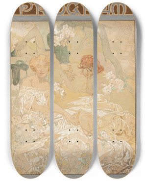 Triptych art skateboard deck of Alphonse Mucha Deutsches Schauspielhaus Theater Program by Alphonse Mucha (1860-1939)
