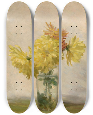 Triptych art skateboard deck of Edward Herbert Barnard Still Life With Bouquet Of Yellow Flowers by Edward Herbert Barnard (1855-1909)