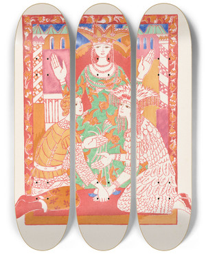 Triptych art skateboard deck of Natalia Goncharova Conte De Tsar Saltan Et De Son Fils Le Glorieux Et Puissant Prince Gvidon Saltanovitch Et De Sa Belle Princesse Cygne Pl 12 by Natalia Goncharova (1881-1962)