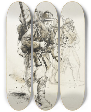 Triptych art skateboard deck of Georges Goursat Sem Deux Soldats Marchant Sur La Droite Portant Leur Barda by Georges Goursat (Sem) (1863-1934)