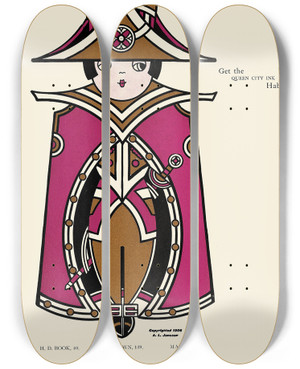 Triptych art skateboard deck of Augustus Jansson Queen City Ink Ad 35 by Augustus Jansson (1863-1931)