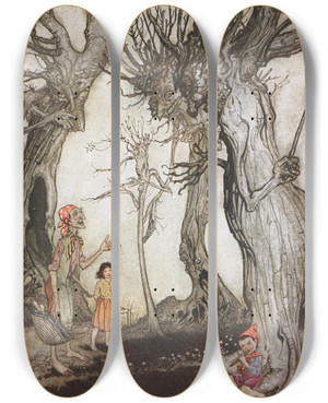 Triptych art skateboard deck of Arthur Rackham The Trees And The Axe by Arthur Rackham (1867-1939)