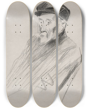 Triptych art skateboard deck of Jeanlouis Forain Portrait Of Renoir Third Plate by Jean Louis Forain (1852-1931)