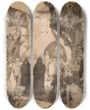 Triptych art skateboard deck of Alphonse Mucha Lempereur Lothaire Et Le Pape Innocent by Alphonse Mucha (1860-1939)