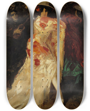 Triptych art skateboard deck of Oscar Parviainen Spanish Dancer Tango by Oscar Parviainen (1880-1938)
