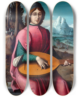Triptych art skateboard deck of Bacchiacca Portrait Of A Young Lute Player by Bacchiacca (1494-1557)