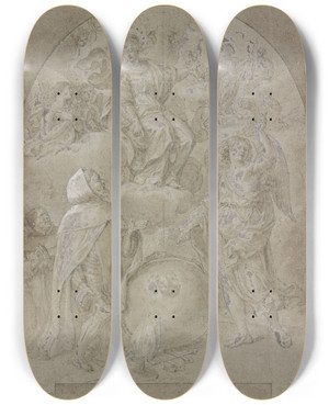 Triptych art skateboard deck of Cristoforo Roncalli Geharnischter Mnch Kniet Vor Einer Weltkugel Ein Engel Deutet Auf Maria Diese Nach Christus by Cristoforo Roncalli (1552-1626)