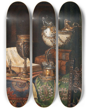 Triptych art skateboard deck of Max Schdl Still Life With Nautilus Goblet And Books by Max Schodl (1834-1921)