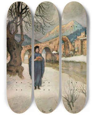 Triptych art skateboard deck of Warwick Goble Lise In The Snow With The Casket by Warwick Goble (1862-1943)