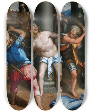 Triptych art skateboard deck of Denys Calvaert Christ At The Column by Denys Calvaert (1540-1619)