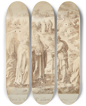 Triptych art skateboard deck of Jan Van Der Straet S Giovanni Alberti Fiorentinos Historie Helgenen Og Den Ledsagende Munk Giver En Tigger Deres Sidste Brd by Jan van der Straet (1523-1605)