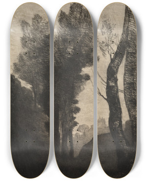 Triptych art skateboard deck of Jeanbaptistecamille Corot Environs Of Rome by Jean-Baptiste-Camille Corot (1796-1875)